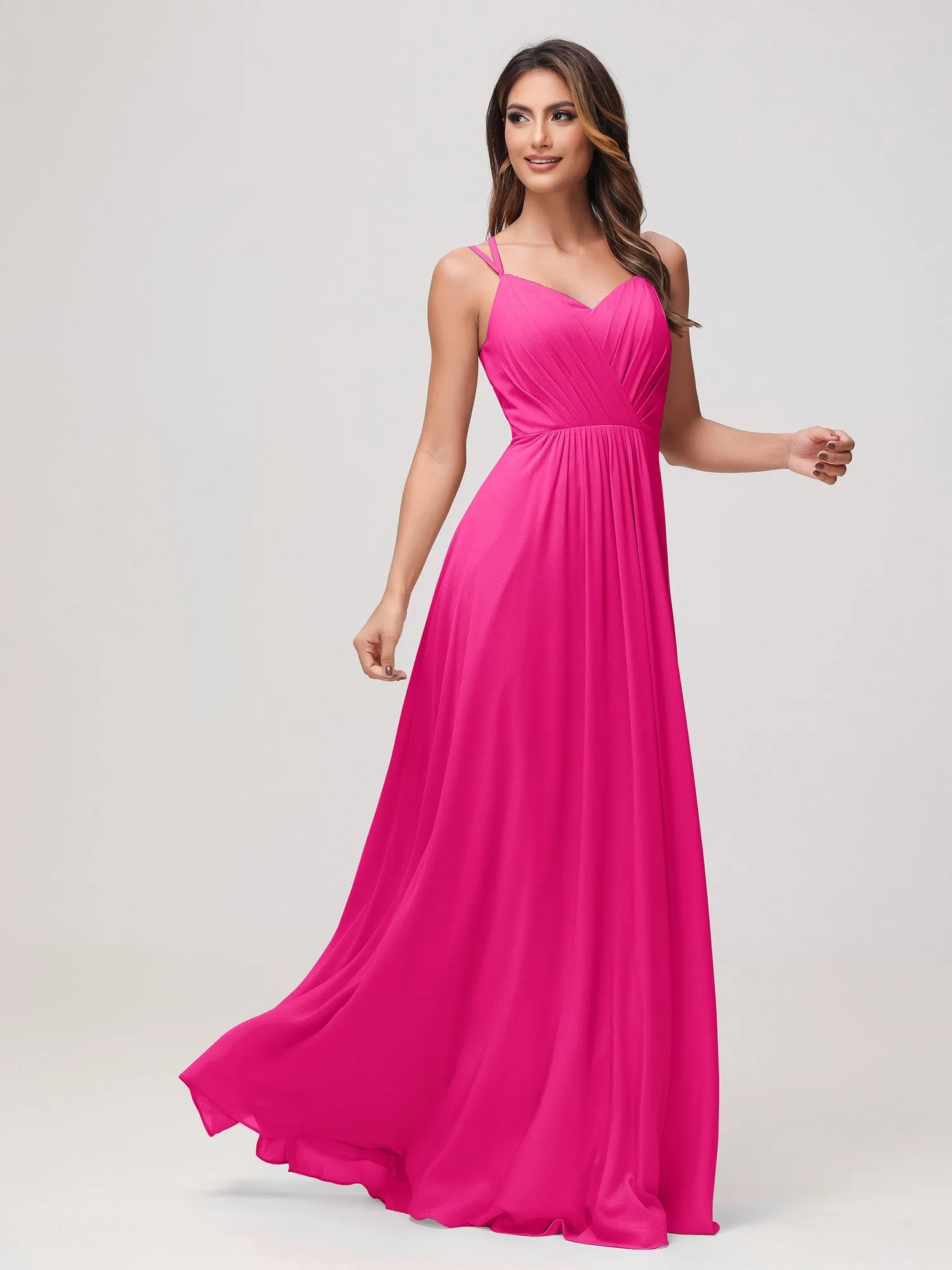 A-Linie Herz-Ausschnitt Raffung Chiffon Kleid Fuchsia