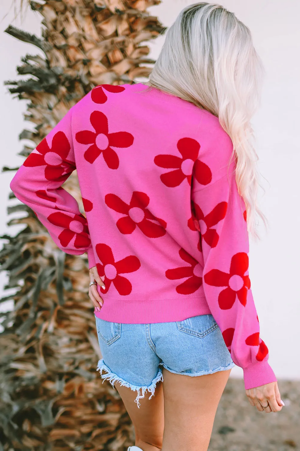 Big Flower Strickpullover Mit Gerippten Abschlüssen