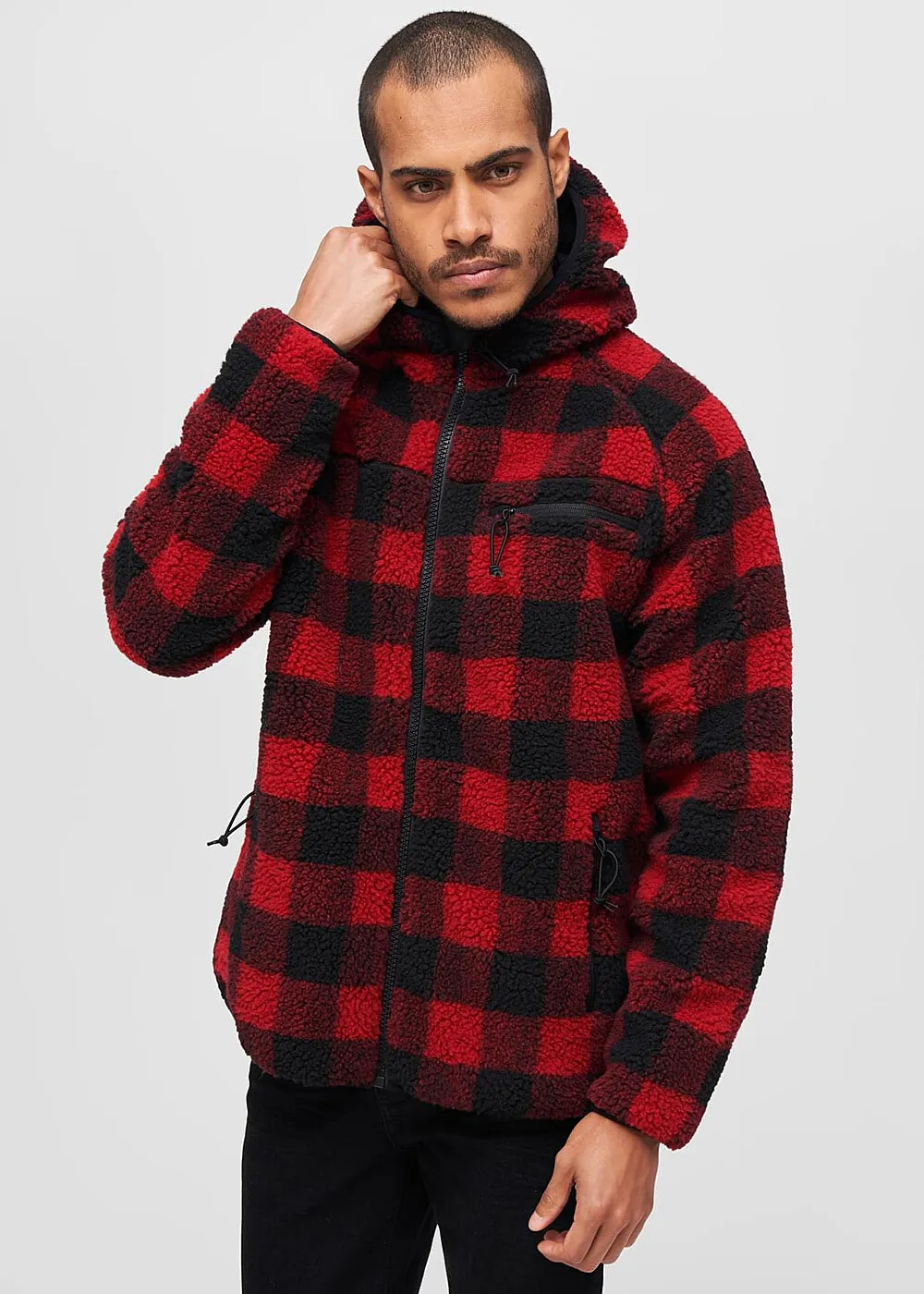 Brandit Herren Teddyfleece Jacke mit Kapuze und 3-Zip-Pockets rot schwarz