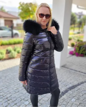 Damen schwarz Steppmantel mit Kapuze aus Finn Raccoon