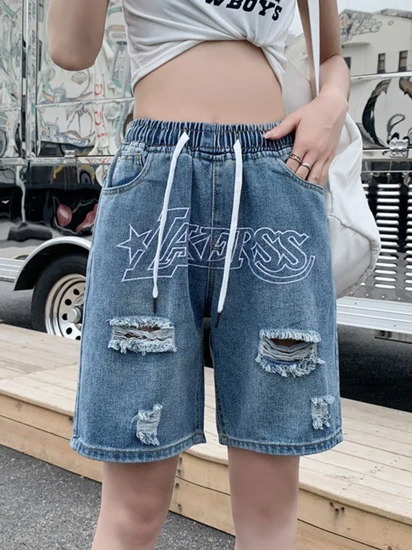 Distressed Baggy Denim Shorts mit Logo