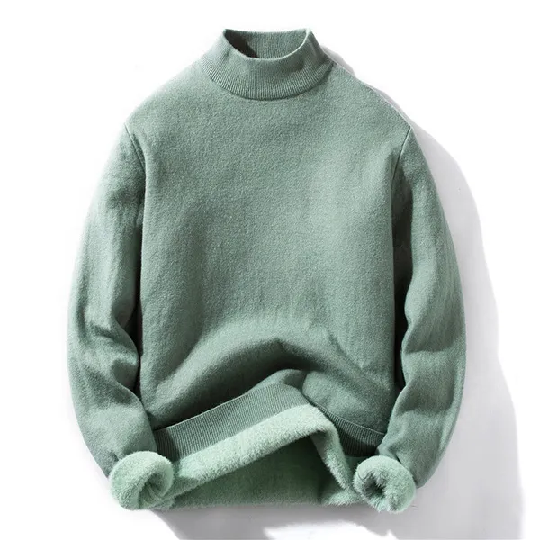 Fashion Solid Color Mock Neck Long Sleeve Plush Lined Knitted Pullover Shirt for Men