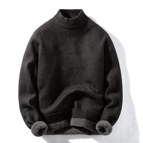 Fashion Solid Color Mock Neck Long Sleeve Plush Lined Knitted Pullover Shirt for Men
