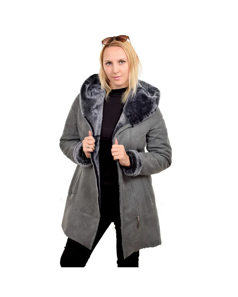 Grau Damen Lammfellmantel mit Kapuze (KNS012)