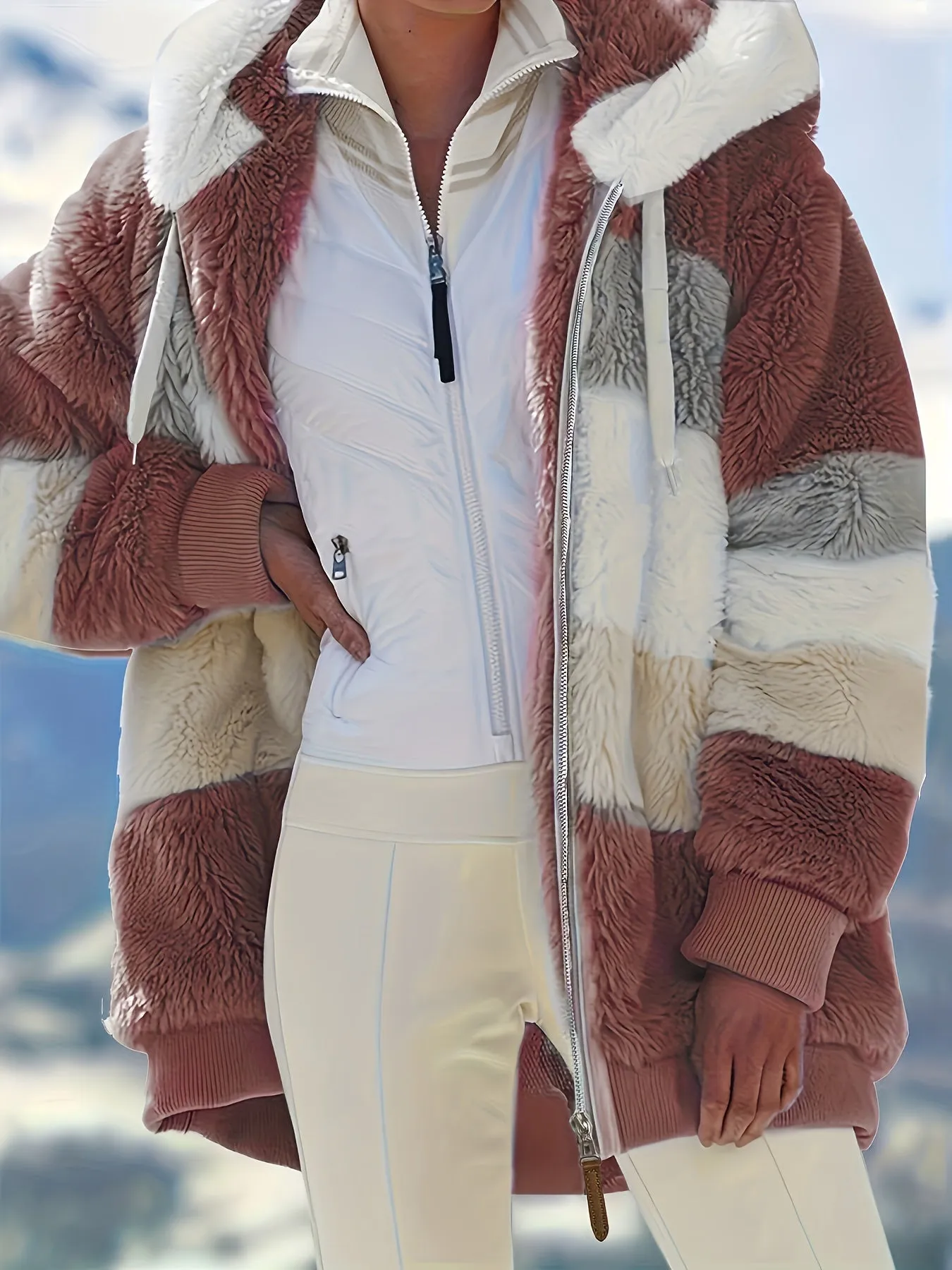 Heidi-Mode | Geometrische Fuzzy-Jacke mit Kapuze