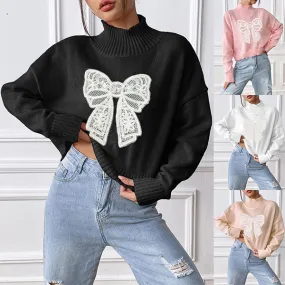 Modischer Stehkragen-Pullover mit langen Ärmeln, Schleife und Stickereidetails