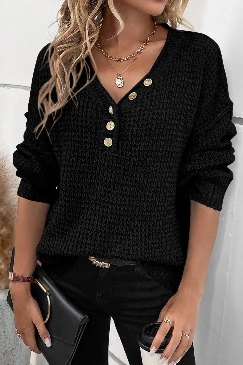 Pointelle-Strickpullover Mit V-Ausschnitt Und Überschnittenen Schultern