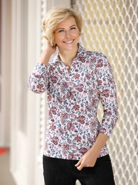 Poloshirt in fuchsia-petrol-bedruckt