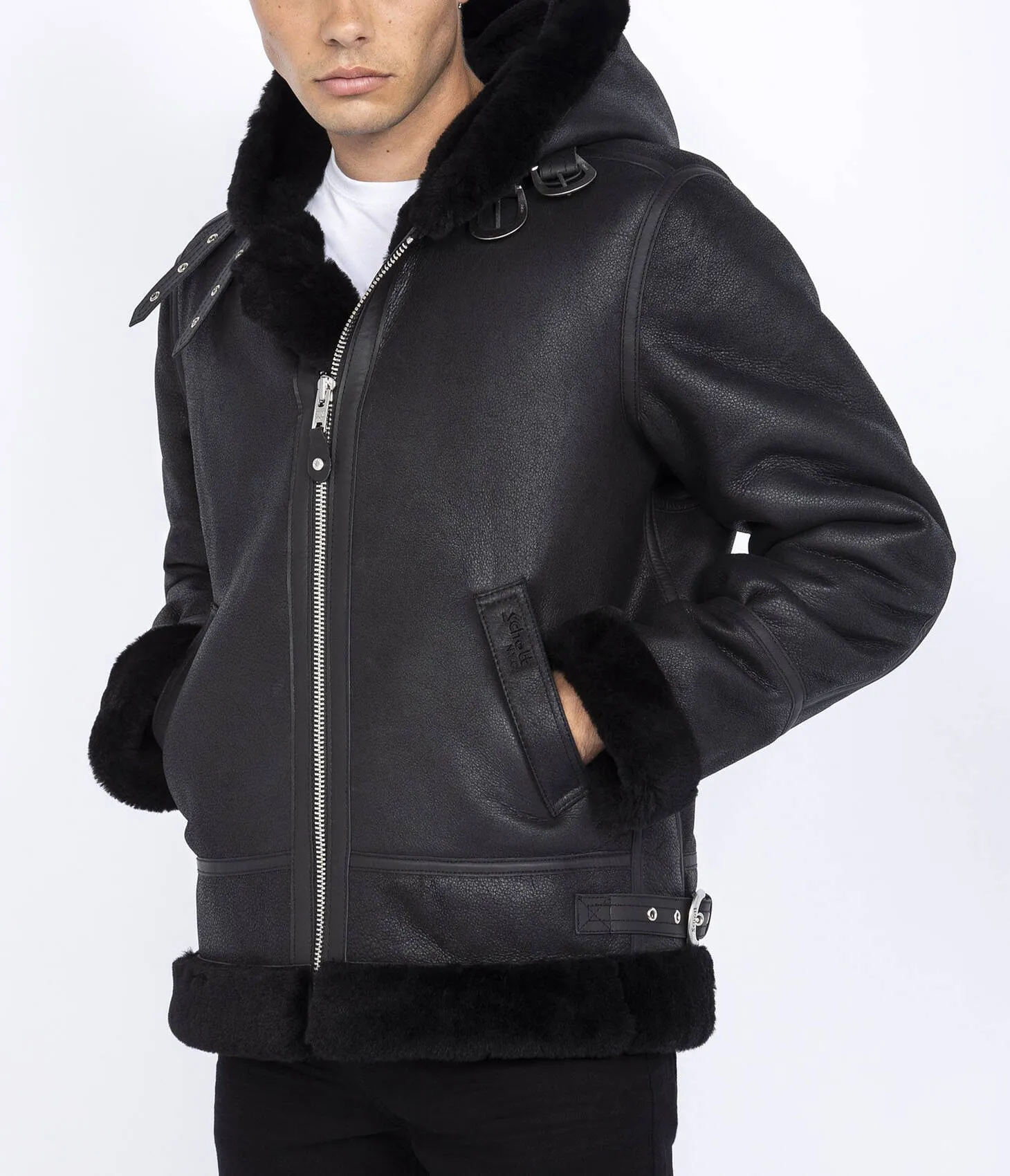 Schwarze Schafsjacke Schott &quot;lc 1259h&quot; Schafbomber mit fester Kapuze