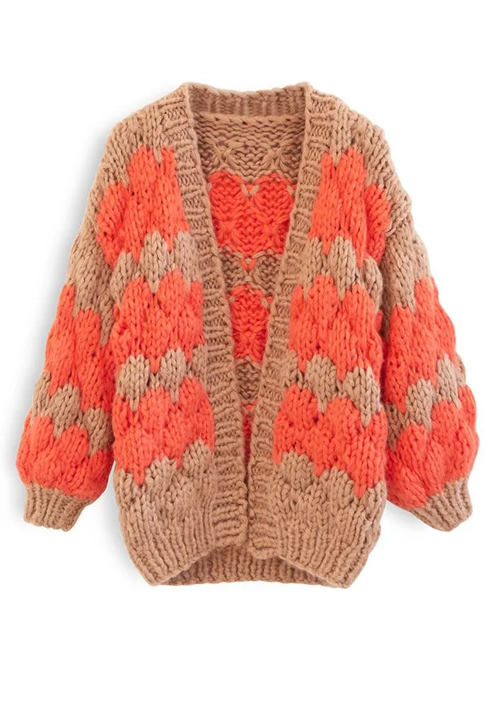 Zweifarbiger handgestrickter Grobstrick-Cardigan in Tan