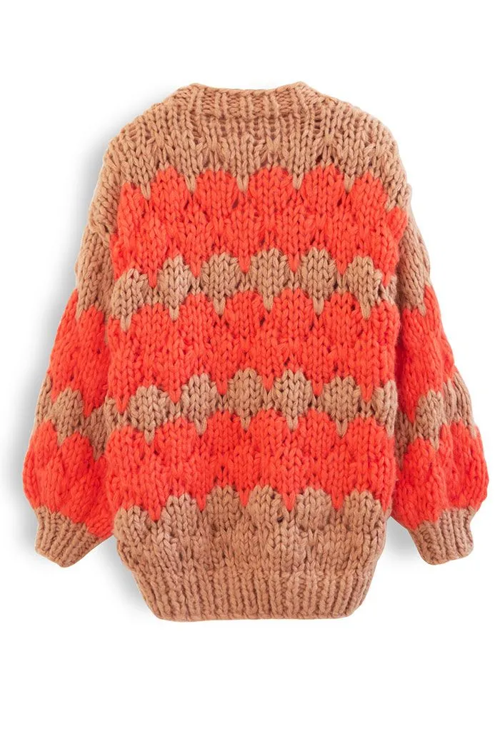 Zweifarbiger handgestrickter Grobstrick-Cardigan in Tan